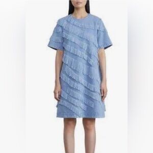 Lafayette 148 New York Assymetric Fringe Trim Denim Dress